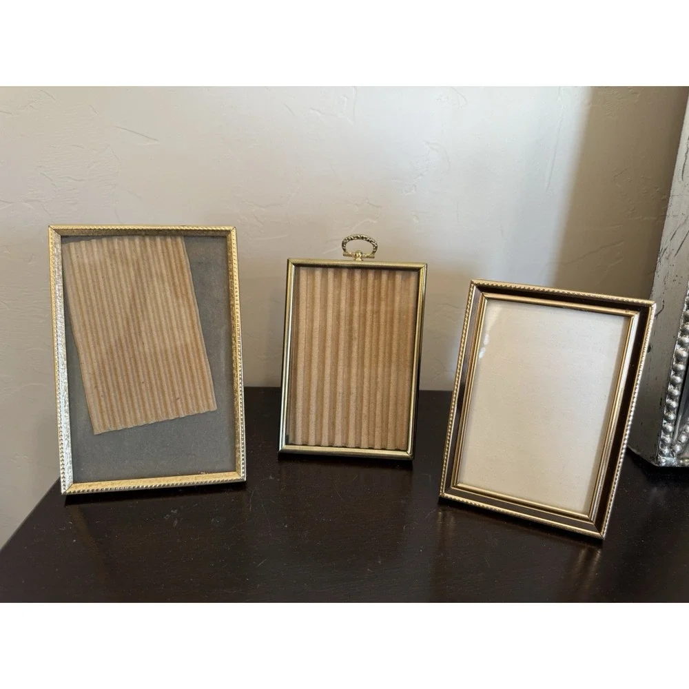 Lot Of 3 Vintage Gold Brass Mid Century Beaded Picture Photo Frames